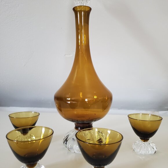 MCM Amber Glass Liqueur Decanter Set - Picture 4 of 4